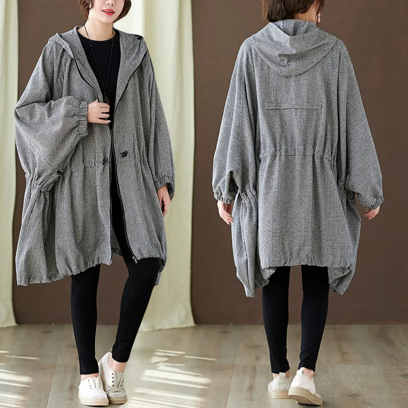

New Style Korean-style Women's Loose And Plus-sized Literature And Art Retro Fine Grid Hooded Drawstring Trench Coat