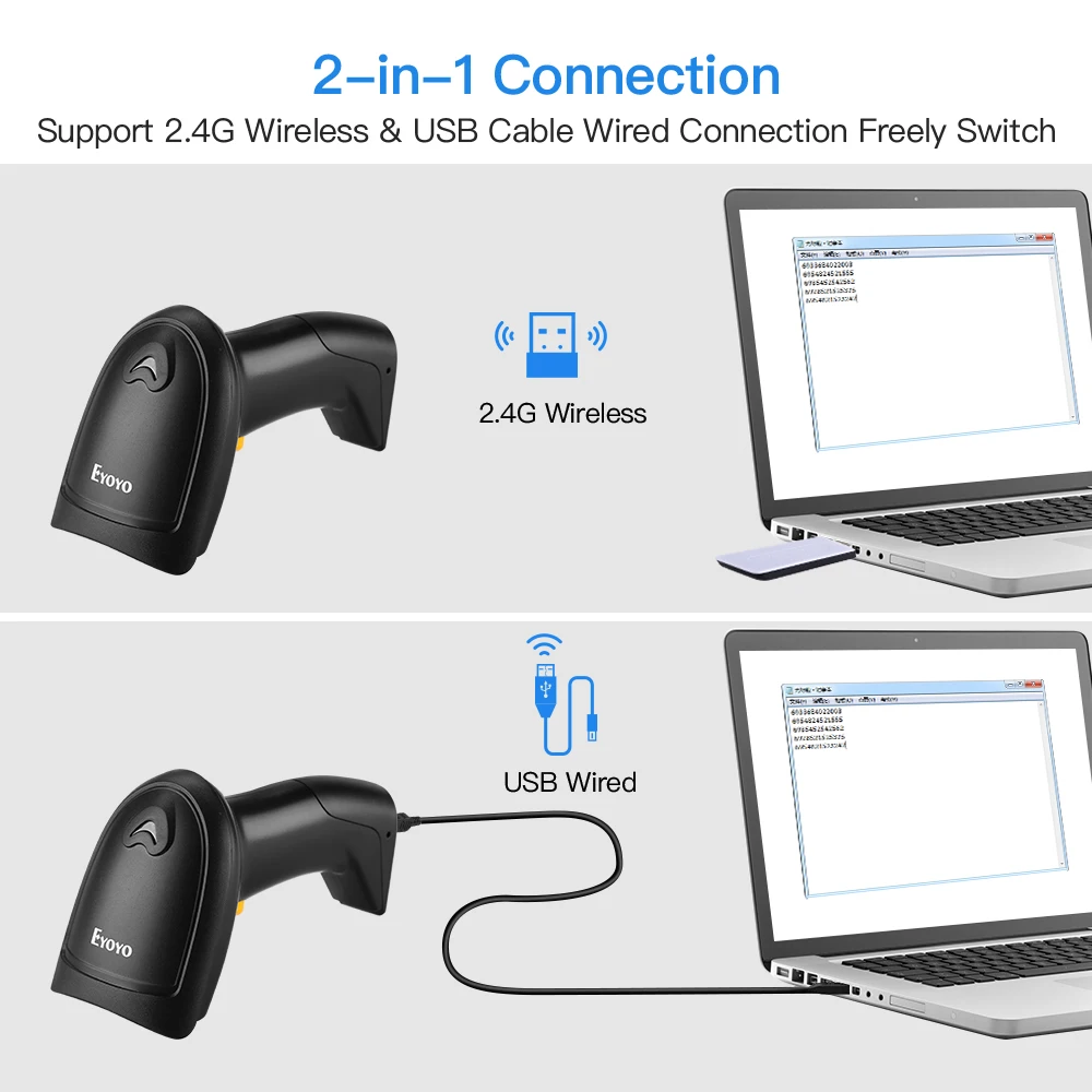 Eyoyo EY-800 1D Wireless Barcode Scanner 2-in-1 2.4G 1D Image Scanner with USB Receiver Work with PC POS Multi Languages Scanner