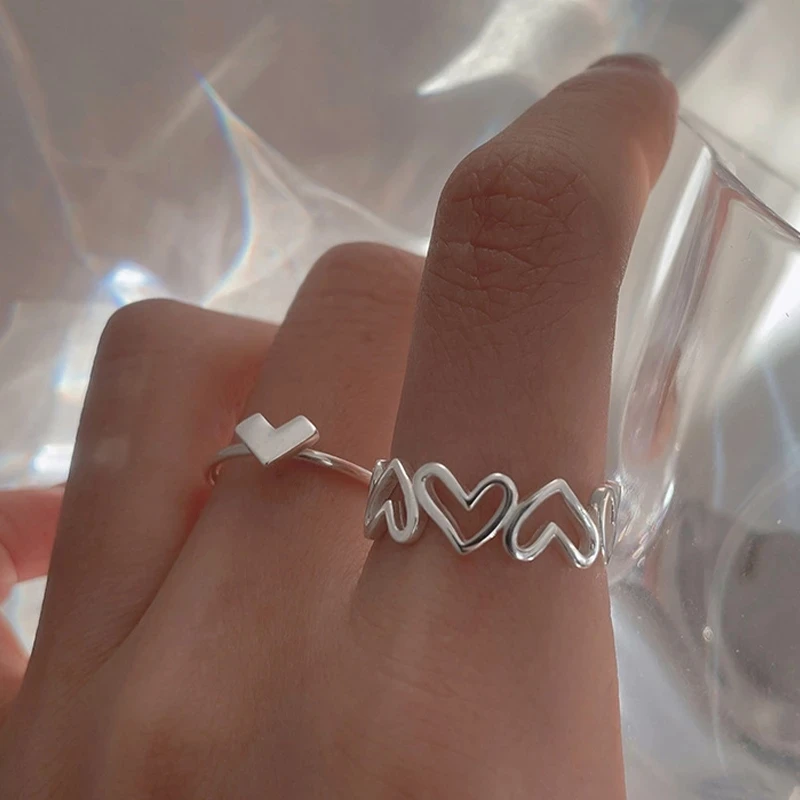 Silver Color Hollowed Heart Shape Open Ring Set Design Cute Fashion Love Jewelry For Women Girl Gifts Adjustable Birthday Party