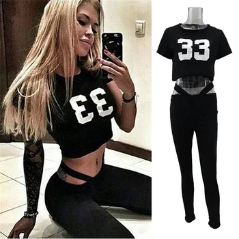 

Women Tracksuits 2Pcs Short Sleeve Tops+Lace-up Sports Pants Sets Ladies Outdoor Sport Wear Casual Suits Pullover Office Lady