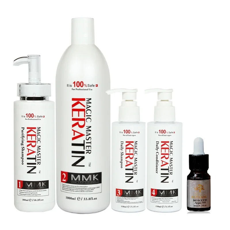 Raddrizzamento Crema Mmk 1000Ml Cheratina Trasporto Formalina + Purificante Shampoo + Quotidiano Shampoo E Balsamo Con Trasporto 10Ml Olio Di Argan