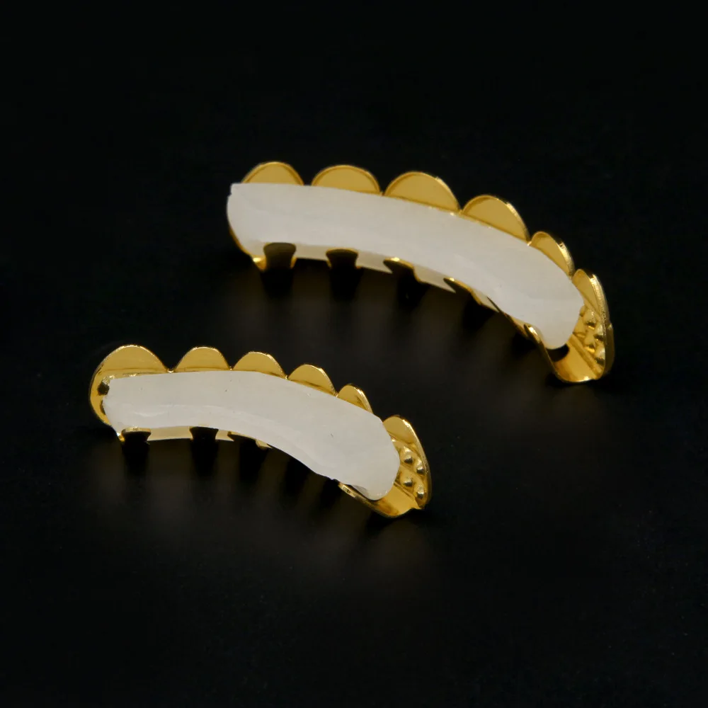 Gold Color Double Bling Bling Grillz Top & Bootom Dental Mouth Punk Teeth Caps Cosplay Party Tooth Rapper Hip Hop Jewelry TG022
