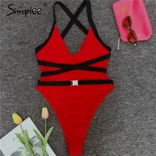 Simplee Цельные женское купальник бикини пряжками Лето женское купальник бикини с пряжками Лето женский глубокий V-образным вырезом без спинки Цельные