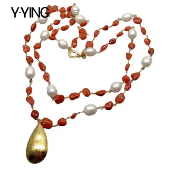

Y·YING Natural Red Blood Agates Rice Pearl statement Necklace Teardrop Brushed Gold color Plated Pendant