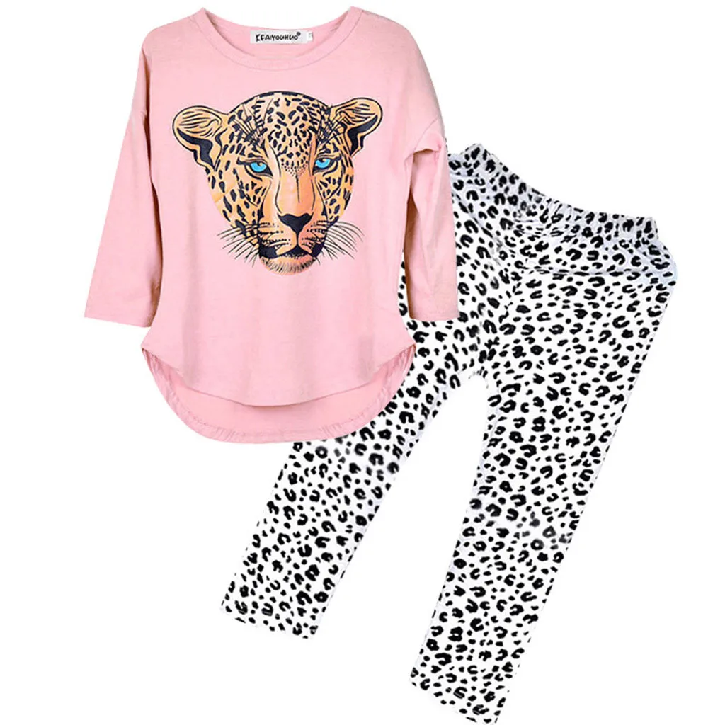 Коллекция года, осенний комплект одежды для маленьких девочек, топы с длинными рукавами и принтом тигра+ штаны с леопардовым принтом, одежда для детей