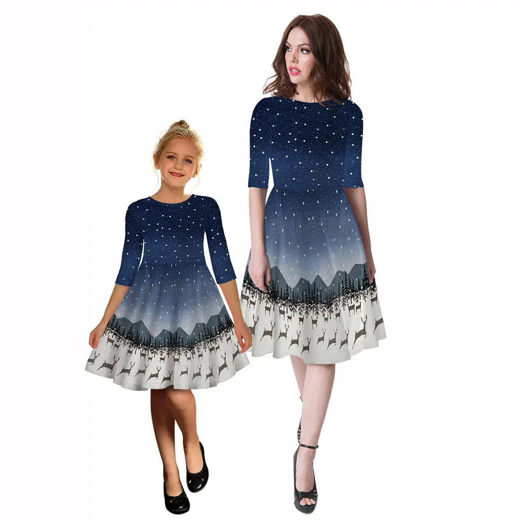Платье для подростков; платья для мамы и дочки; платье принцессы с длинными рукавами и 3D принтом для девочек; рождественское семейное рождественское платье - Цвет: Blue 1