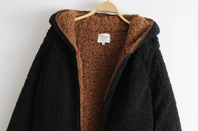 Осенне-зимнее женское пальто из искусственного меха повседневное свободное одноцветное длинное толстое плюшевое пальто женская теплая меховая куртка с капюшоном черная верхняя одежда