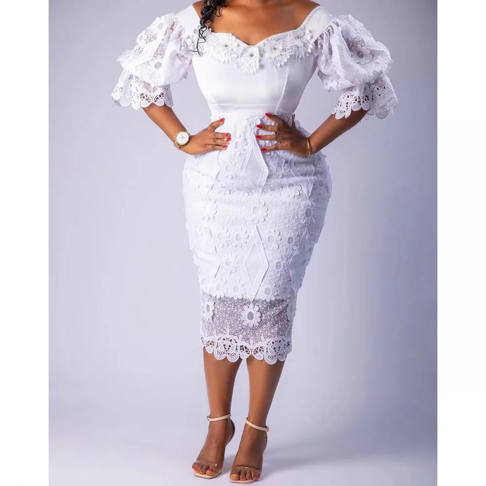 Fashion Embroidery Floral Lace White Dress Women Midi Bodycon Dress Evening Party Christmas Wear Robe Short Sleeve Vestidos