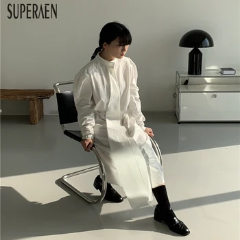 

SuperAen Fashion Women Dress Cotton Casual Korean Style Ladies Dress Solid Color Stand Collar Spring New 2020 Long Sleeve