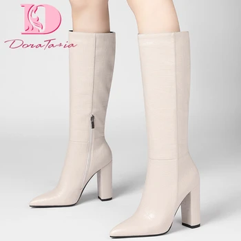 

DoraTasia 2020 New Arrivals Large Size 43 Women Boots Warm Plush Square Heel Pointed Toe Zip Winter Women Knee High Shoes