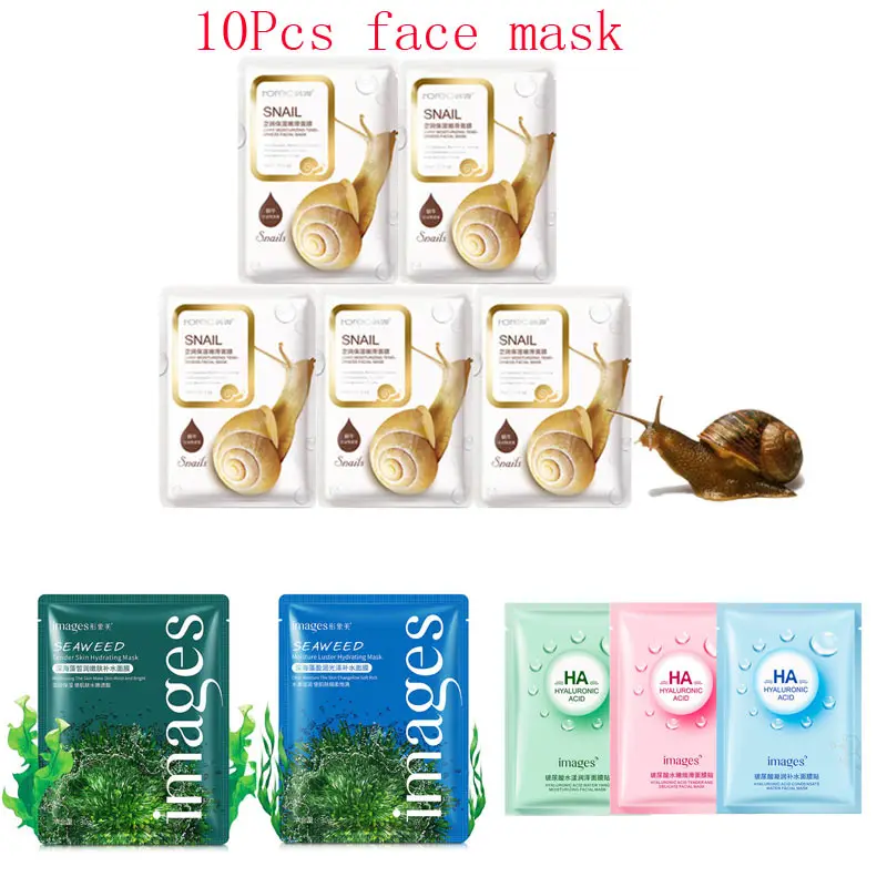 

10Pcs Mixed snail Hyaluronic Acid seaweed Face Mask Moisturizing Whitening Shrink pores Anti-Aging Facial Masks Korean Skin Care