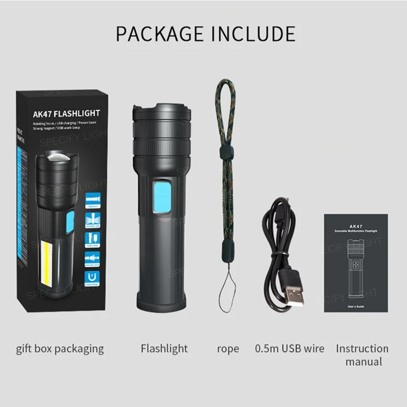 High Bright COB Flashlight Zoomable Multifunction Waterproof Lamp Focus USB Charging Power Bank 7 Switch Mode with Strong Magnet (22)