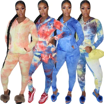 

Autumn Fashion Women Casual Lace-up Long-sleeved Tie-dye Printed Hooded Trousers Two-piece Wholesale Dropshpping Free Shpping