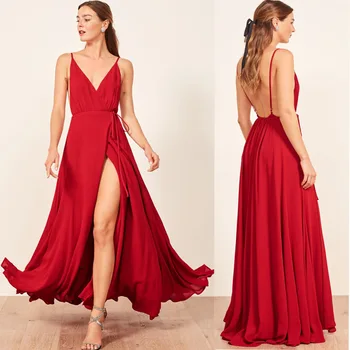 

Long Bridesmaid Dresses V Neck Simple Backless Red Wedding Guest Dress For Wedding Party Sexy High Slit Adult Formal Dress Long