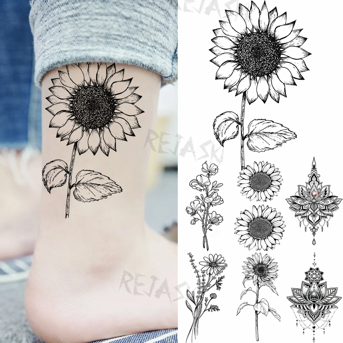 

Подсолнухи, модные Временные татуировки для женщин, букет для взрослых, мандала, подвеска, искусственная татуировка, нога, запястье, Переводные татуировки, наклейка