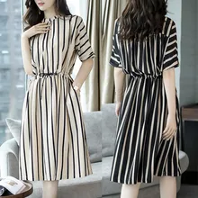 Полосатое платье женские модные летние изящные платья до середины икры с коротким рукавом пляжный платье с принтом женские платья плюс размер#35/