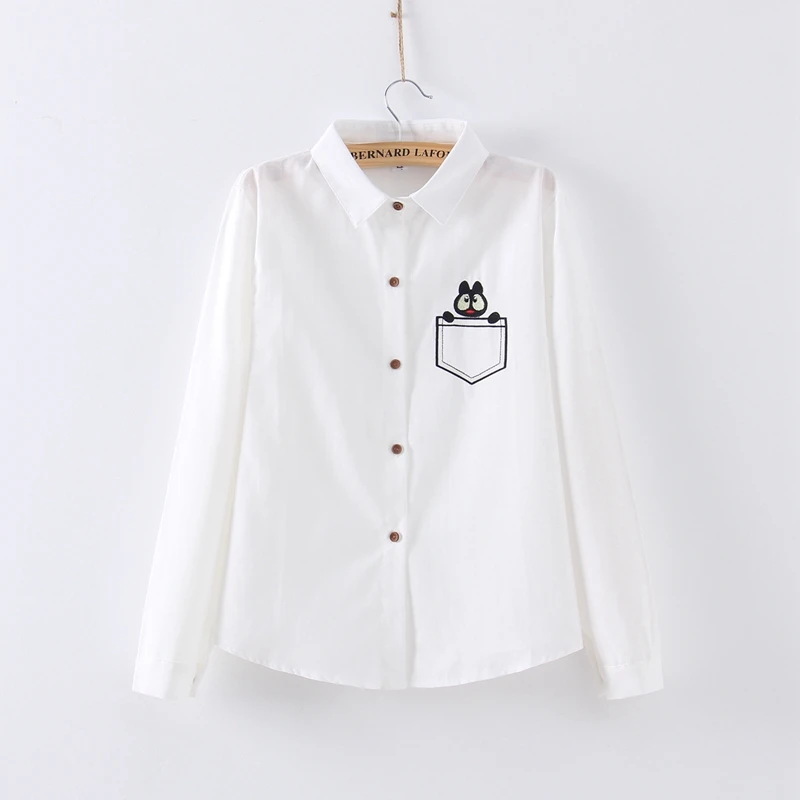 

Fashion Autumn Loose Blouse Women's Long-sleeved Spring New Pocket Embroidery Pattern Tops Solid Color Wild Bottoming Shirt