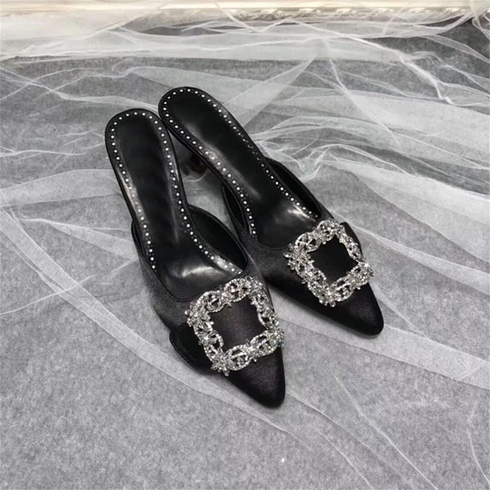 

Women's Slippers Wild Floral Rhinestone Square Buckle Pointed Toe Thin Heel Sandals Summer Autumn Fashion Slippers Women Shoes