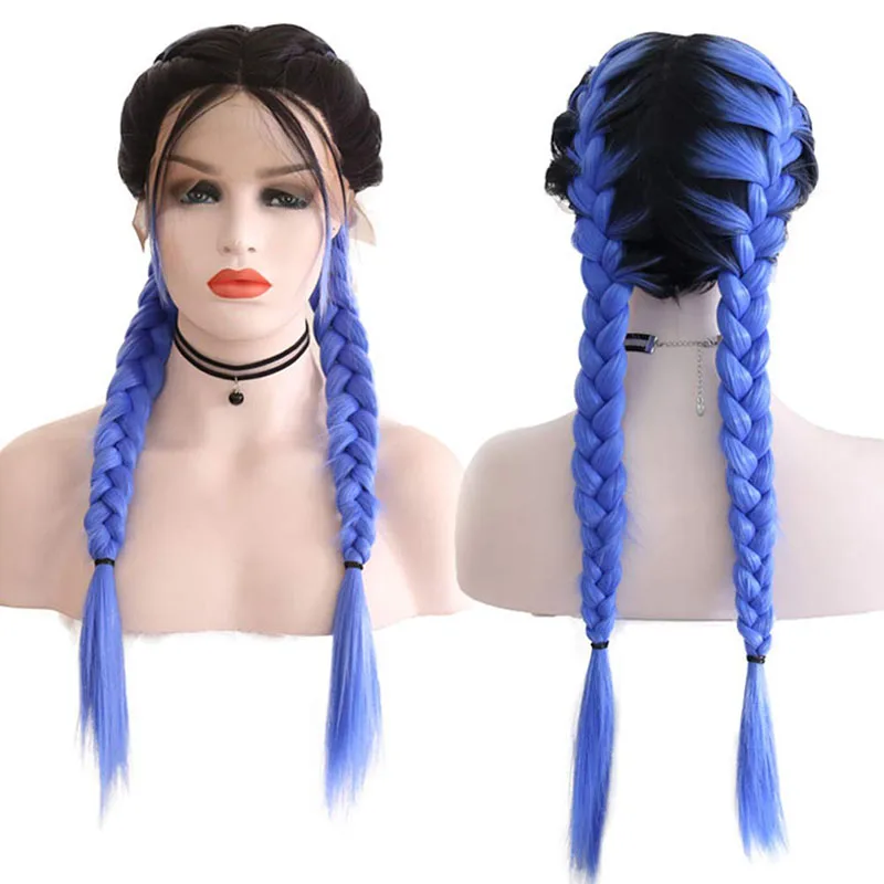 

RONGDUOYI Braided Long Wig with Baby Hair Ombre Blue Lace Front Synthetic Wigs for Women 2 Braids Heat Fiber Middle Part Wig