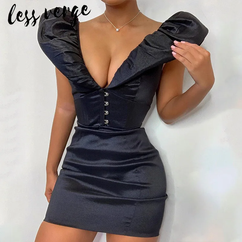 

lessverge Deep v neck satin christmas sexy dress Backless black short dresses women party night Elegant bodycon pink dress