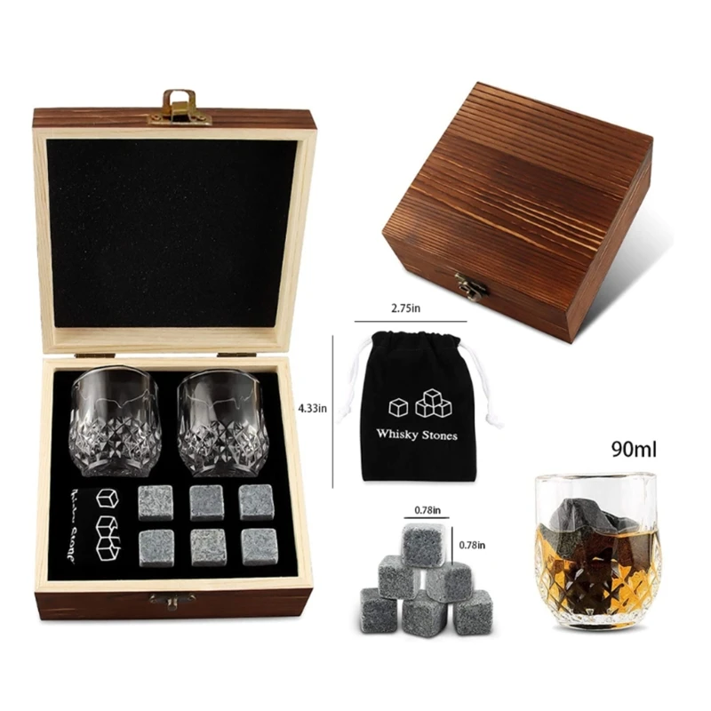 Whisky Wine Tool Set Glass Cup Flannel Storage Bag Stones for Whiskey Wine Beer Juice Cool Drinks Gift Favor