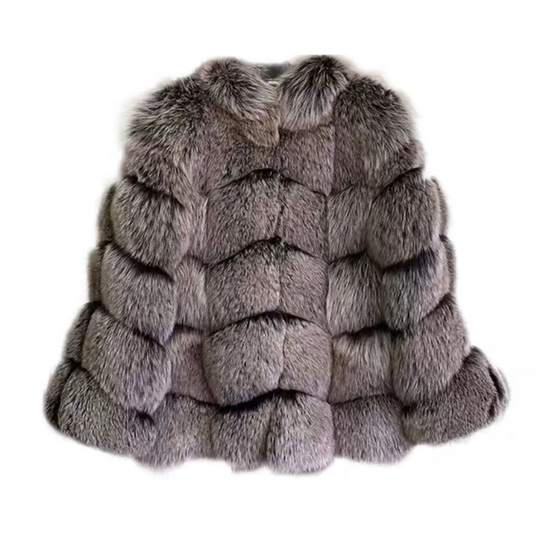 

rf1928D Luxury Silver Brown Color Real Fur Coat Women Natural Fox Fur Coats Full Pelt Long Sleeve Silver Brown Fox Fur Coat