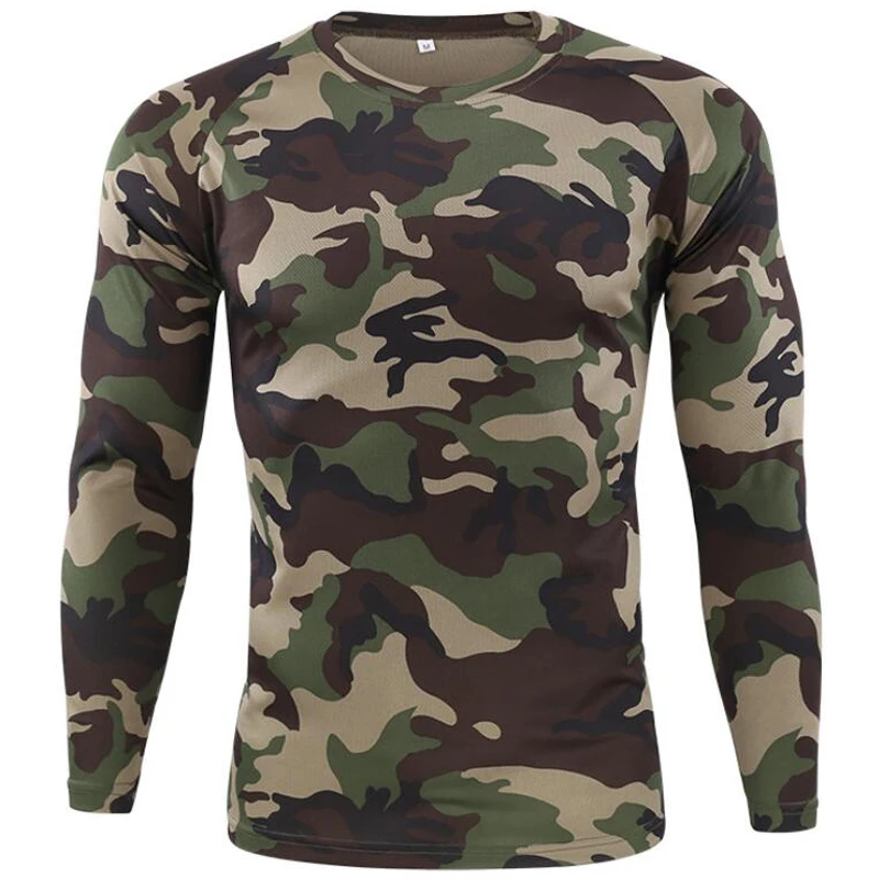 Long Sleeve Camouflage T-shirt Outdoor Quick Drying Hiking Military Tactical T-Shirts Mens Hunting Camping Shirts Brand Clothing