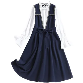 

2020 The New Spring Women Blue Long Sleeve Dress O-Neck Fashion Elegant Ladies Casual Korean Party Chiffon Sexy Maxi Clothes