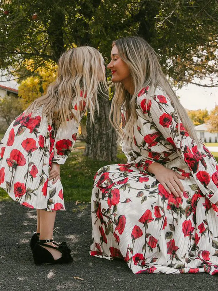 Mom And Daughter Family Matching Floral Long Sleeve Dress