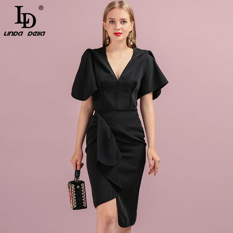

LD LINDA DELLA Fashion Runway Autumn Career Suit Women's Sexy Deep V-Neck Tops And Casual Ruffled Black Skirt Two Pieces Set