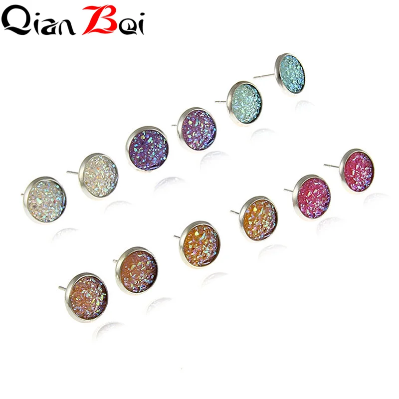 

QianBei 6 Pairs/Set Round 12mm Crystal Silver Round Stud Earrings Set Colorful Sparkly Rhinestone Unique Stud Jewelry