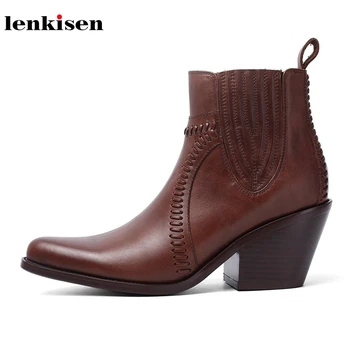 

Lenkisen print genuine leather high heels pointed toe pleated fashion simple style winter women warm comfortable ankle boots L98