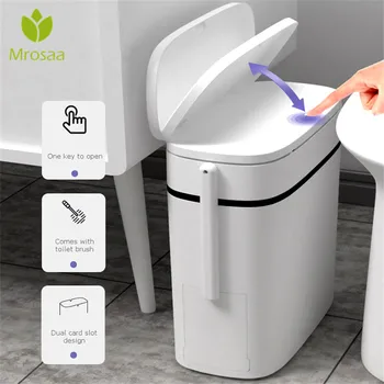 

Narrow Bathroom Trash Can Set with Toilet Brush Plastic Dustbin Waste Bin Garbage Bucket Garbage Bag Holder Dispenser 2 in 1