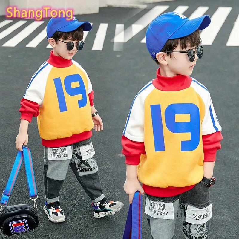 

2019New Fashion Kids Sweatshirts Number Color Matching Autumn Winter Thicken Kids Sportswear Long Sleeve Sweatshirts ShangTong