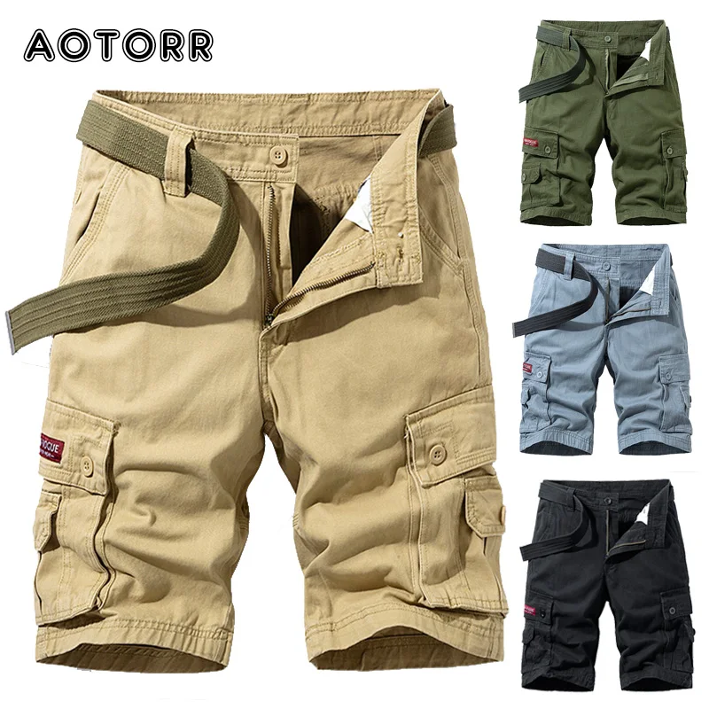 Los Hombres Calientes militares pantalones cortos de carga sólida Multi bolsillo casuales Fitness suelta pantalones verano Pantalones cortos tácticos 4 colores sin cinturón
