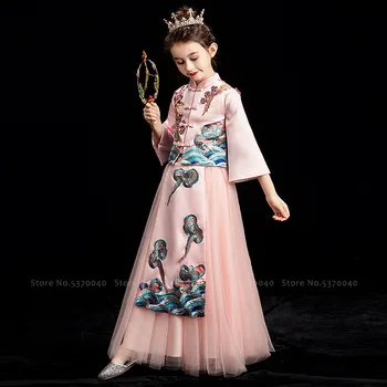 

Girls Cheongsam Princess Evening Formal Dress Guzheng Performance Qipao Costumes Children Traditional Chinese Hanfu Tang Suit