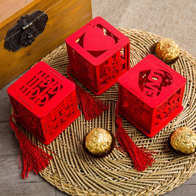 Tassel Candy Storage Box For Wedding Party Vintage Chinese Red Wooden Hollow Box Chocolate “Chinese Love”Container