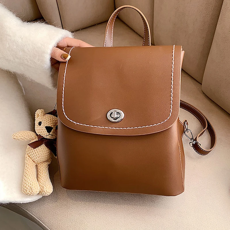 

Women Mini PU Leather Backpack Simple Girl School Bag Fashion Ladies Designer Casual Small School Bag 2021 Bear Pendant Backpack