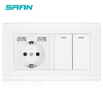 

SRAN EU wall socket with rocker switch，220v 16A socket with usb 146*86 crystal glass panel with light switch 2 gang 1/2/3 way