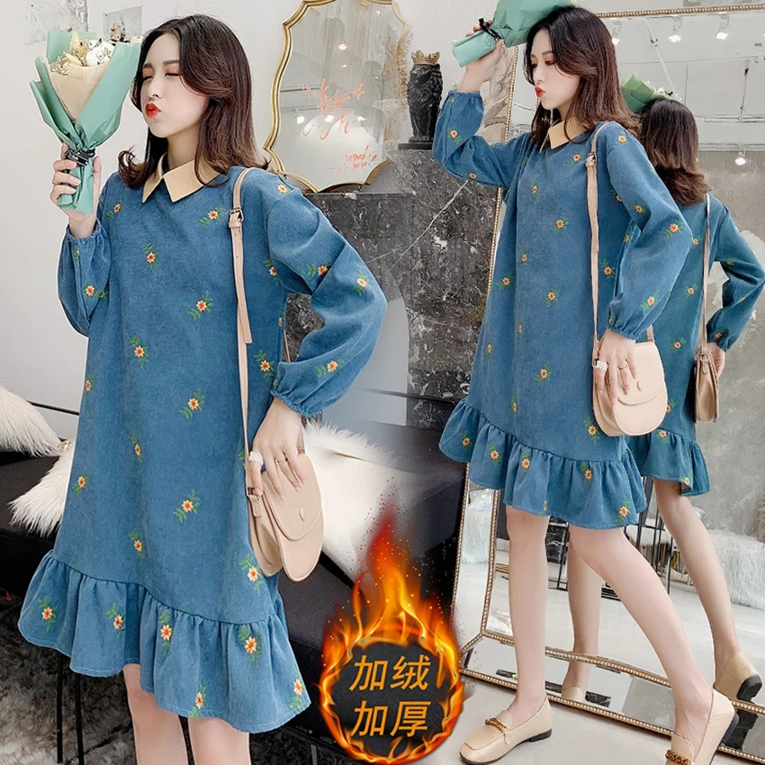 

Plus velvet maternity clothes new winter Korean fashion collar lapel corduroy embroidered dress ruffle