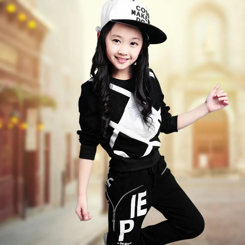 Детский хлопковый костюм для девочек, корейский спортивный костюм, костюм из двух предметов для девочек среднего и большого размера