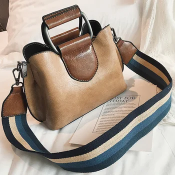 

simple oil wax leather bucket bag Womens Crossbody Bags color wide shoulder strap Luxury Handbag Designer Ladies Shoulder Bags