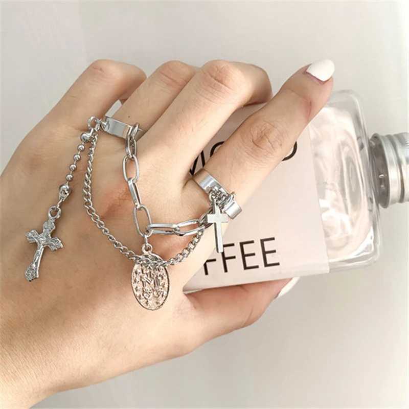 LATS Cool Punk Hip Hop Cross Rings for Women Multi-layer Adjustabl Chain Open Finger Men Rotate Ring Trendy Jewelry Party Gift - Image 4