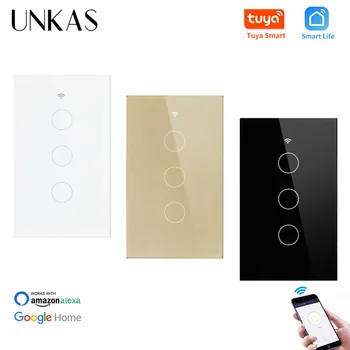 

UNKAS Glass Panel US Standard Wireless Light Switch Control By Tuya APP 3 Gang Smart Home Null and Fire Line WIFI Touch Switch