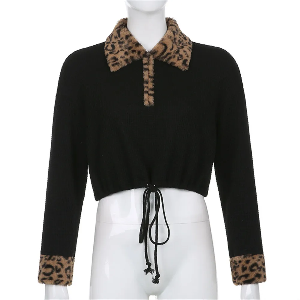 Sexy Leopard Lapel Collar Long Sleeve Crop Top