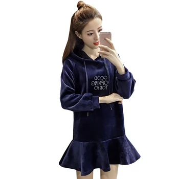

Pleuche Embroidery Hooded Fleece Korean Fashion Style Female Students Loose Bf Wind Hoodies Velvour Long-Sleeved Dress Letter