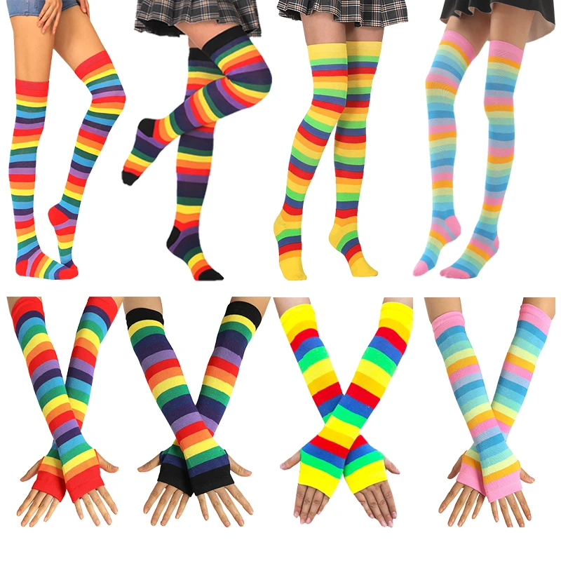 New Colorful Rainbow Stockings Cute Thigh Knee Socks Dance Socks Striped Arm Warmer Gloves