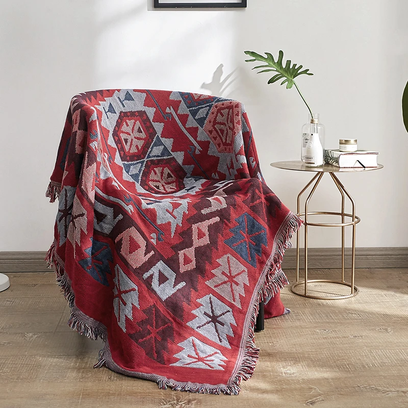 

Bohemia style red Sofa Blanket Throw Blanket sofa Decor Slipcover for Sofa Bed Plane Travel Plaid knitted Non-slip blankets