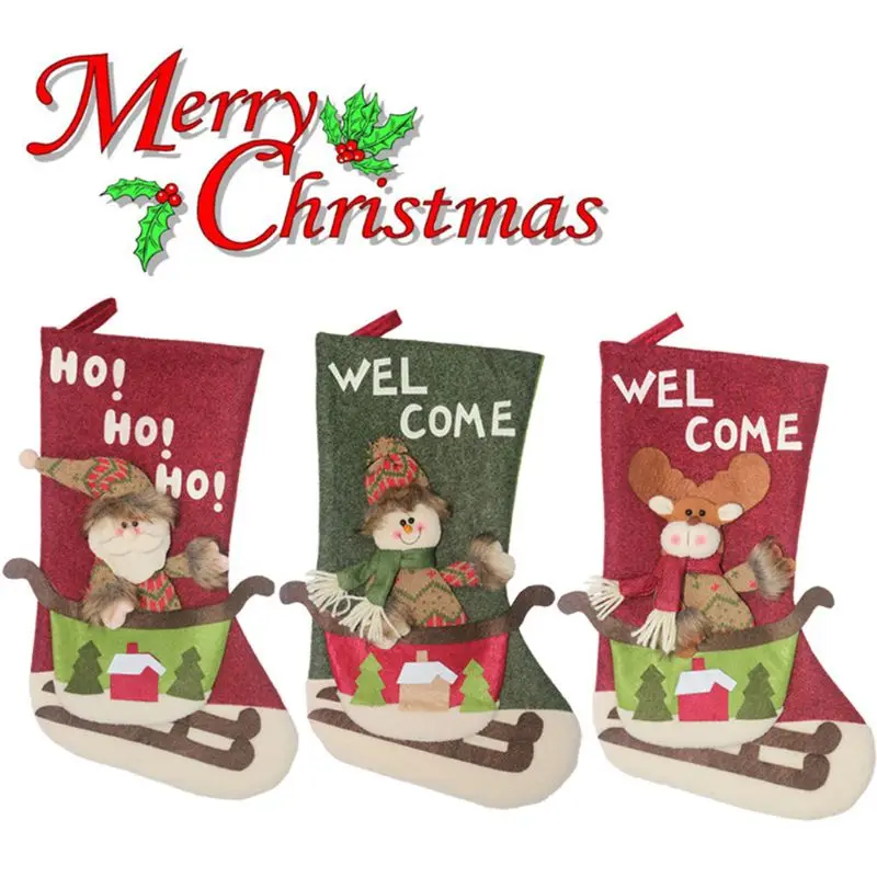 

3pcs/set Christmas Stockings for Family Large Plush Character 3D Reindeer Santa Claus Snowman Snowflake Design Hanging Bags
