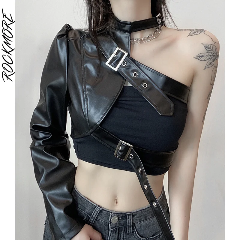 【Anyone more】Midyu Leather Crop Blouson Jumper Rockmore Punk Style PU Leather Pullover Jackets Women One